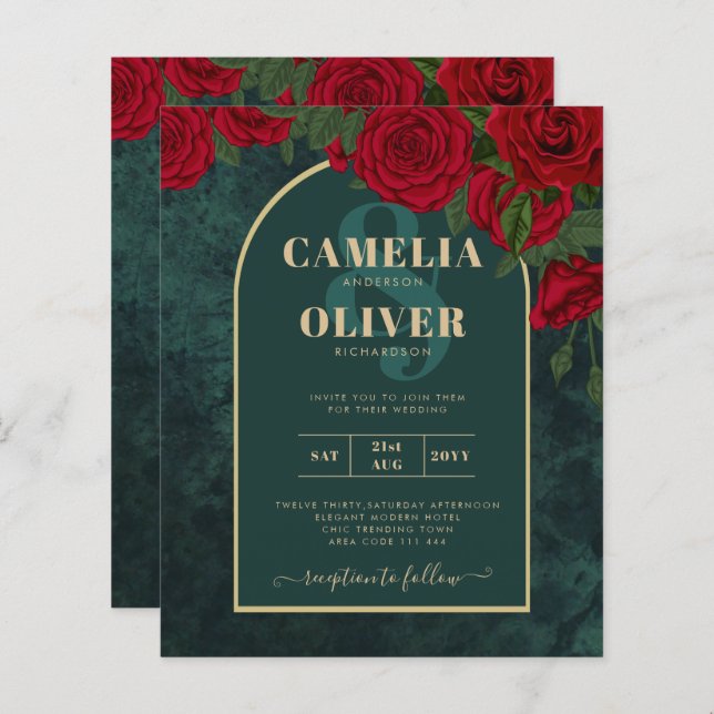 Papier BUDGET ForêtVert ROUGE Roses d'hiver Mariage INVIT (Devant / Derrière)