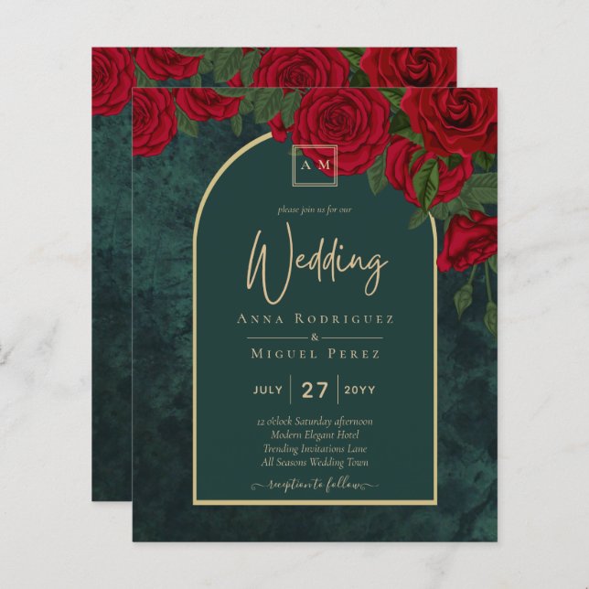 Papier BUDGET ForêtVert ROUGE Roses d'hiver Mariage INVIT (Devant / Derrière)