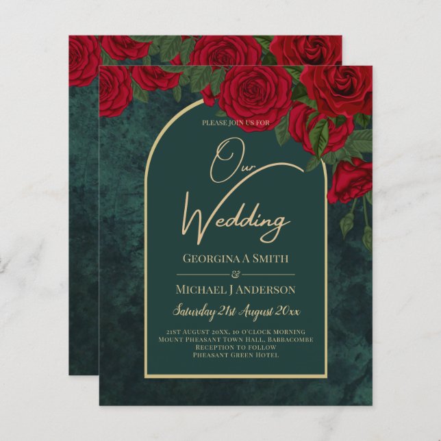 Papier BUDGET ForêtVert ROUGE Roses d'hiver Mariage INVIT (Devant / Derrière)