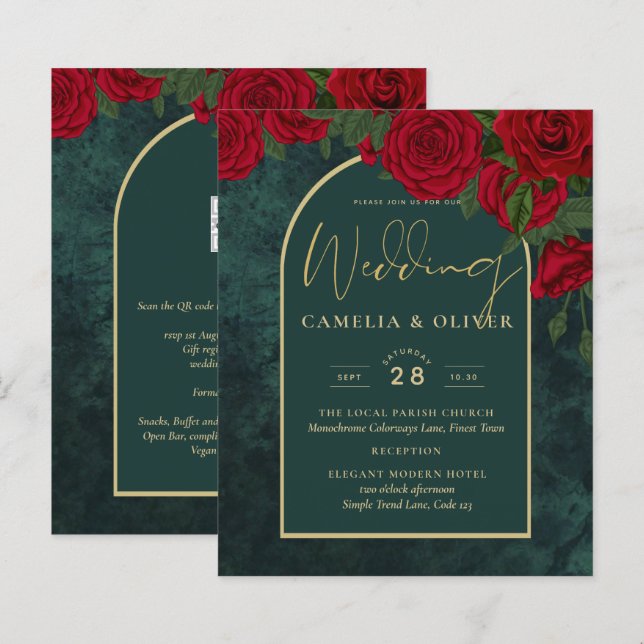 Papier BUDGET ForêtVert ROUGE Roses d'hiver Mariage INVIT (Devant / Derrière)