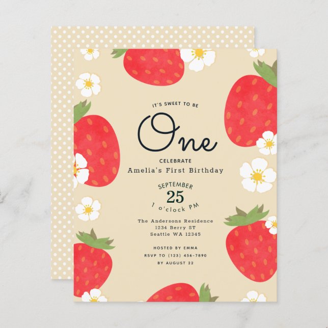 Papier Budget fraise 1er anniversaire Invitation (Devant / Derrière)