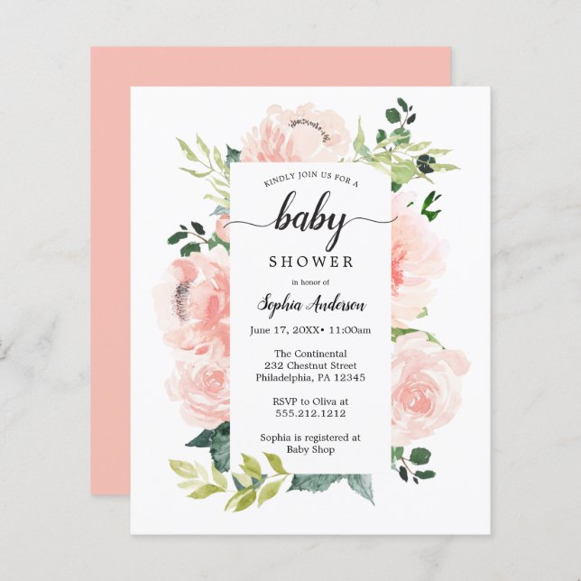 Papier Budget Friendly Fleur Jolie Baby shower Invitation (Devant / Derrière)