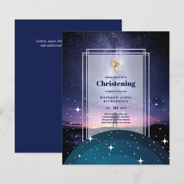 Papier BUDGET Galaxy CHRISTENING Invitations Baptême Baut (Devant / Derrière)