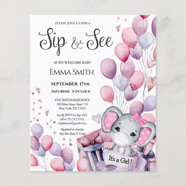 Papier BUDGET Girl Baby Elephant Sip et voir l'invitation (Devant)