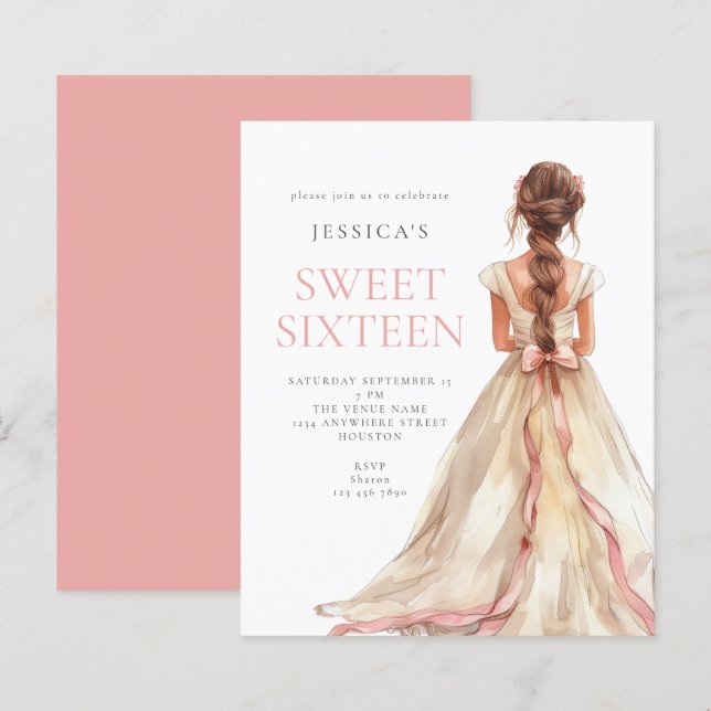 Papier Budget Girl in Pink Bow Gown Sweet 16 invitation (Devant / Derrière)