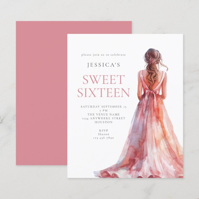 Papier Budget Girl in Pink Gown Sweet 16 Anniversaire inv (Devant / Derrière)