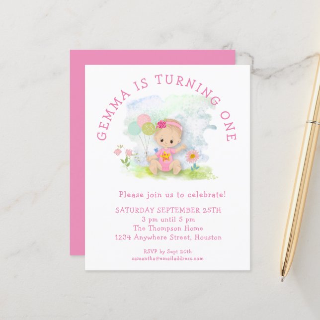 Papier Budget Girl rose 1er anniversaire Invitation de fê (Devant/Arrière en situation)