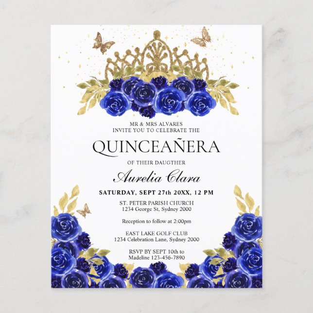 Papier Budget Glam Blue Floral Or Tiara Quinceanera (Devant)