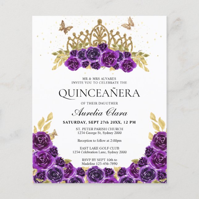 Papier BUDGET Glam Purple Floral Or Tiara Quinceanera (Devant)