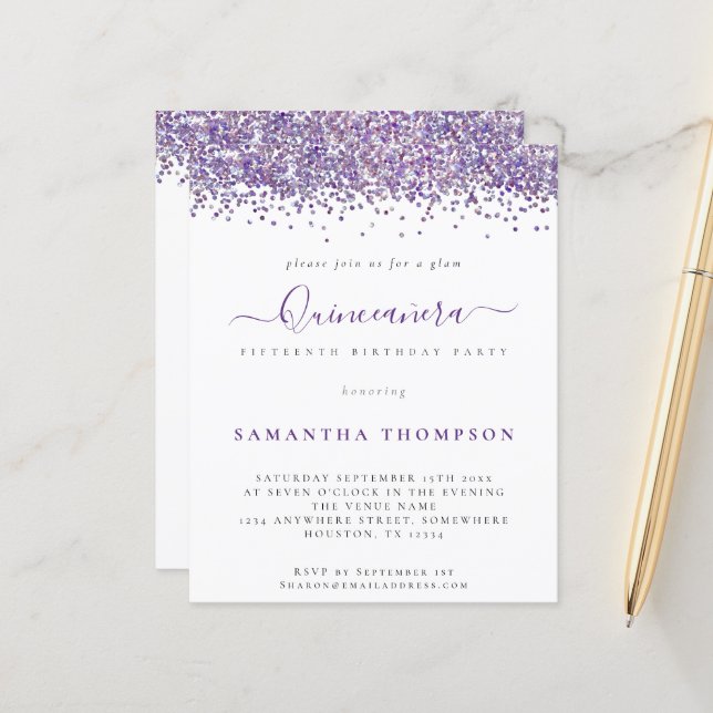 Papier Budget Glam Purple Parties scintillant Quinceañera (Devant/Arrière en situation)