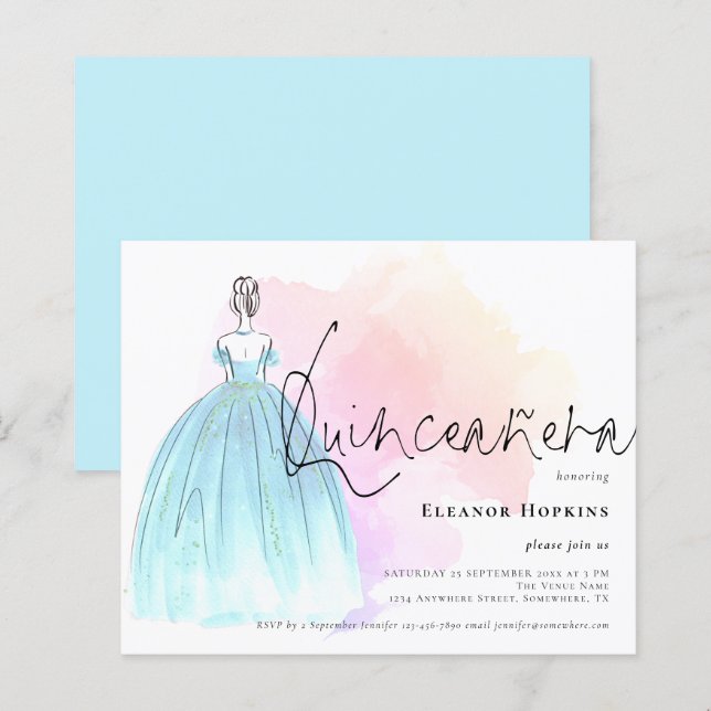 Papier Budget Glam Robe bleu Quinceanera Invitation (Devant / Derrière)