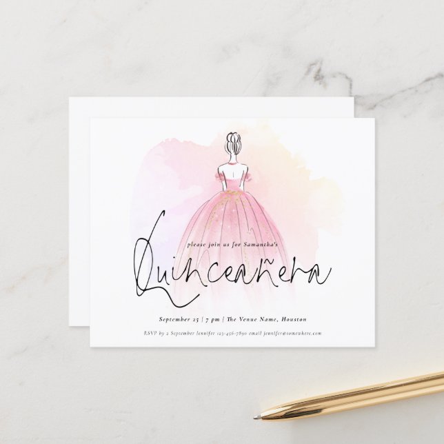 Papier Budget Glam Robe Elégante Quinceanera Invitation (Devant/Arrière en situation)
