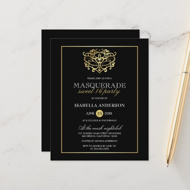 Papier Budget Gold & Black Masquerade Sweet 16 Party (Devant/Arrière en situation)