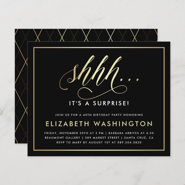 Papier Budget Gold & Black Surprise fête d'anniversaire (Devant / Derrière)