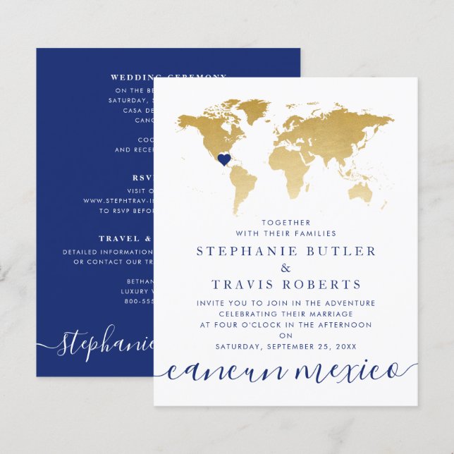 Papier Budget Gold Blue Map Destination Invitation de mar (Devant / Derrière)