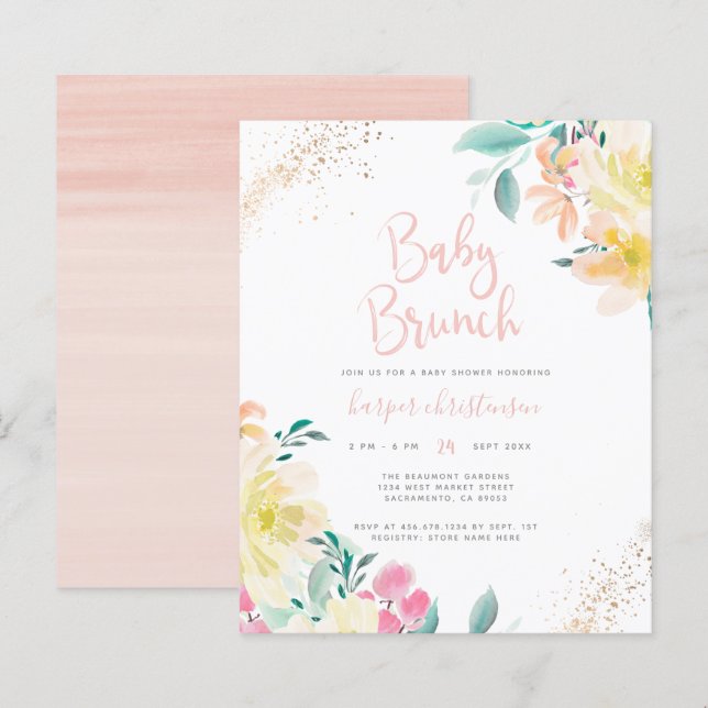 Papier Budget Gold Blush rose Baby shower Floral Brunch (Devant / Derrière)
