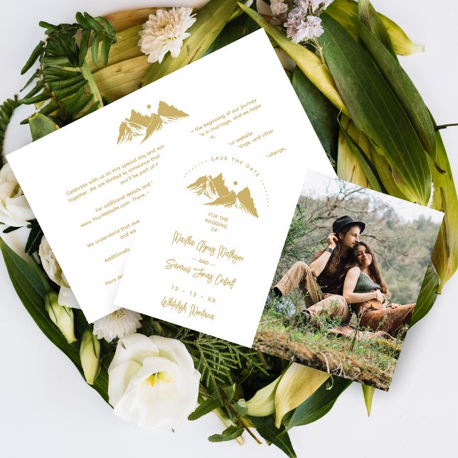 Papier Budget Gold Effect Boho Rustic Mountains Photo (Budget Inexpensive Faux Gold Effect Boho Rustic Mountains Photo Wedding Save the Date with Envelope.)