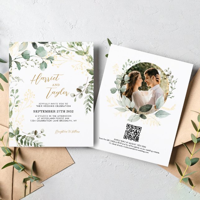 Papier BUDGET Gold Eucalyptus Photo QR Code Wedding  (Créateur téléchargé)