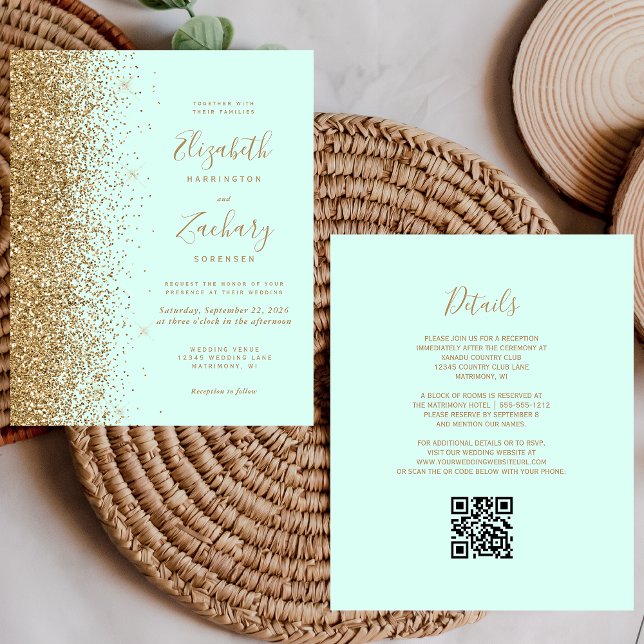 Papier Budget Gold Glitter Mint Green QR Code Wedding (Créateur téléchargé)