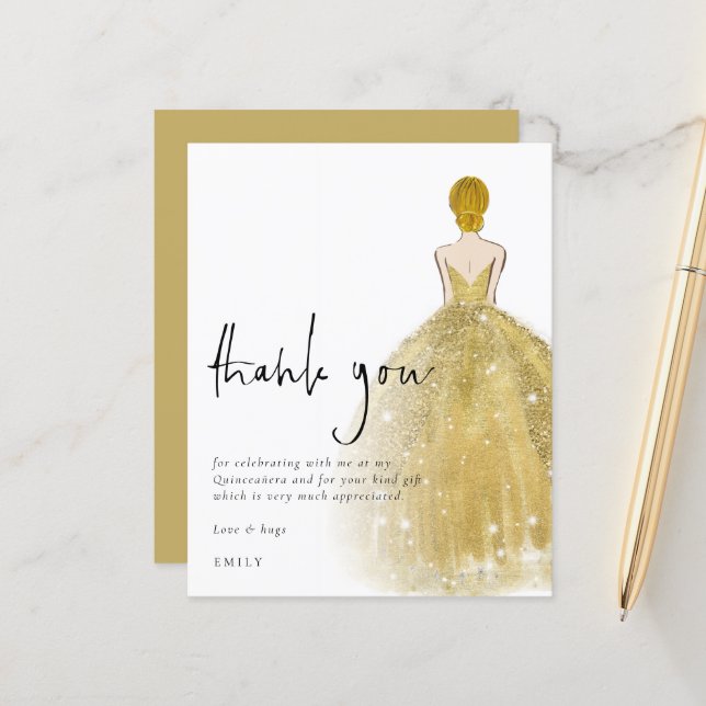 Papier Budget Gold Gown Blonde Girl Quinceañera Merci (Devant/Arrière en situation)
