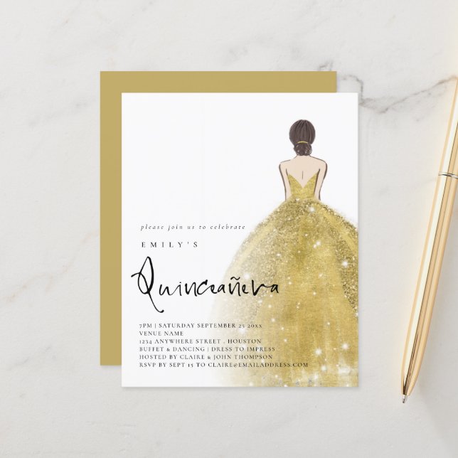 Papier Budget Gold Gown fille Brunette Hair QR Quinceañer (Devant/Arrière en situation)