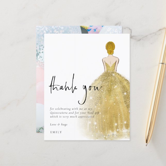 Papier Budget Gold Gown Photo Blonde Quinceañera Merci (Devant/Arrière en situation)