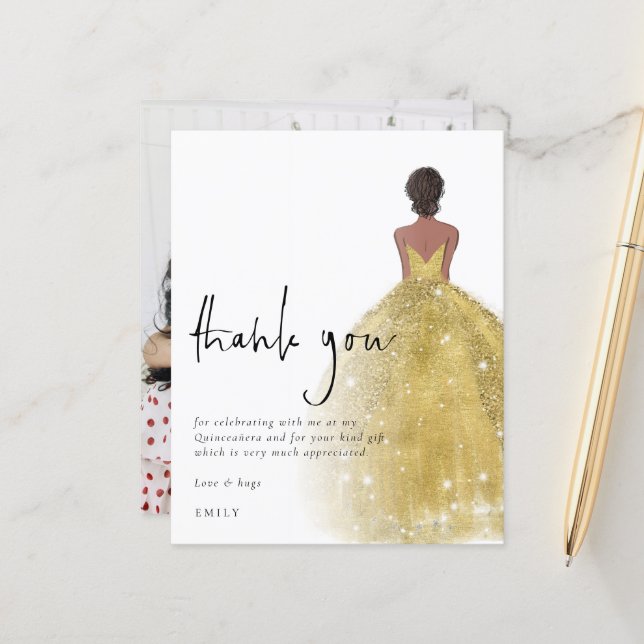 Papier Budget Gold Gown Photo Quinceañera Merci (Devant/Arrière en situation)