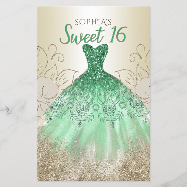 Papier Budget Gold Green Robe Sweet 16 Invitation (Devant)