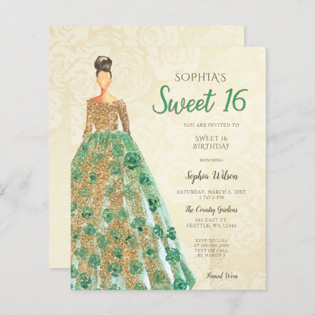 Papier Budget Gold Green Robe Sweet 16 Invitation (Devant / Derrière)
