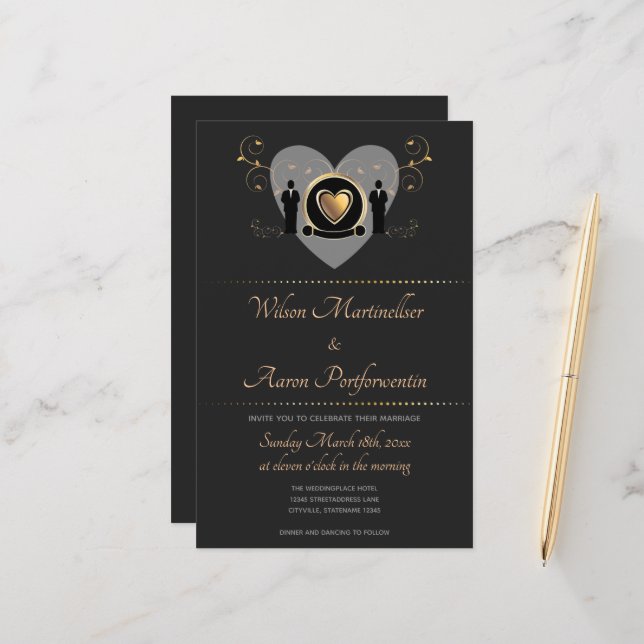 Papier Budget Gold Heart Mariage LGBTQ Faire-part de mari (Devant/Arrière en situation)