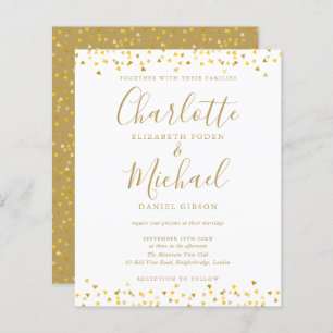 Papier Budget Gold Hearts Confetti Script Wedding Invitat