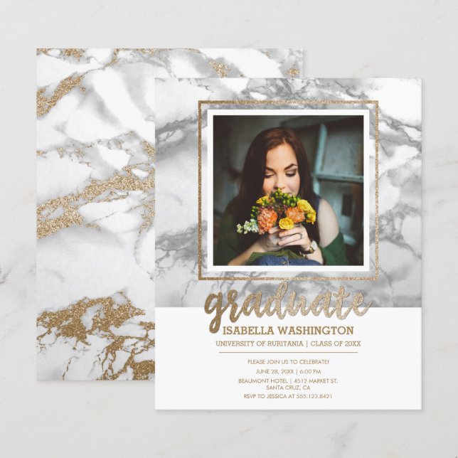 Papier Budget Gold Marble Script Photo Graduation Party (Devant / Derrière)
