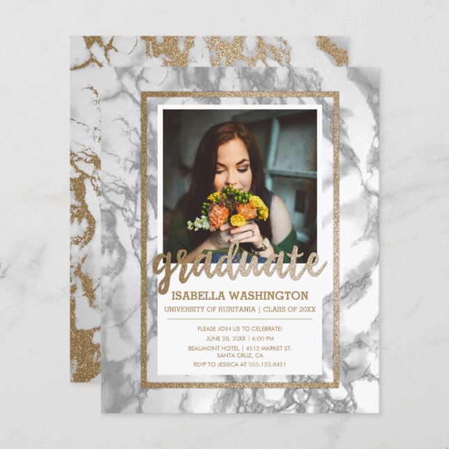 Papier Budget Gold Marble Script Photo Graduation Party (Devant / Derrière)