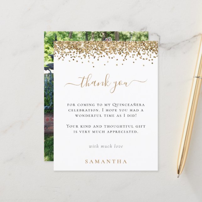 Papier Budget Gold Parties scintillant Photo Quinceanera  (Devant/Arrière en situation)
