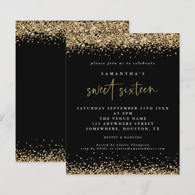 Papier Budget Gold Parties scintillant Sweet sixteen noir (Devant / Derrière)