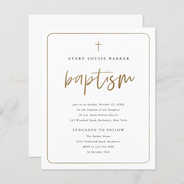 Papier Budget Gold Script Baptême Religieux Invitation (Devant / Derrière)