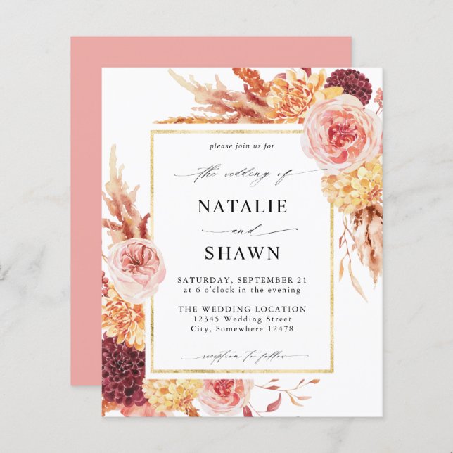 Papier Budget Golden Burgundy Blush rose Mariage Floral P (Devant / Derrière)