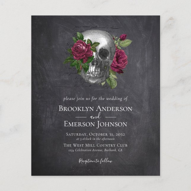 Papier Budget Gothique Crâne Faire-part de mariage floral (Devant)