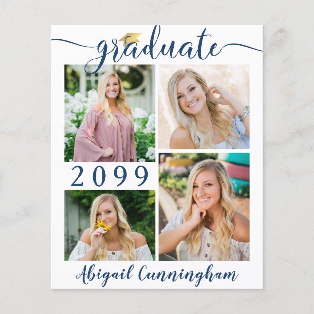 Papier Budget Graduate 5 Photos Bleu Script Faire-part (Devant)