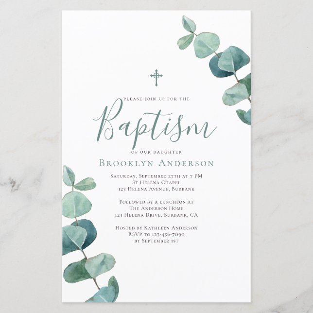Papier Budget Grande Eucalyptus Baptême Invitation (Devant)