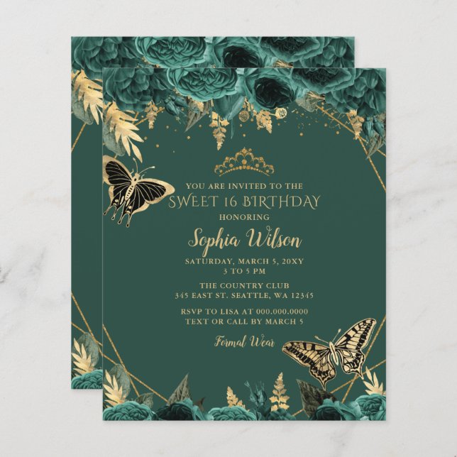 Papier Budget Green Butterfly Sweet 16 Invitation (Devant / Derrière)