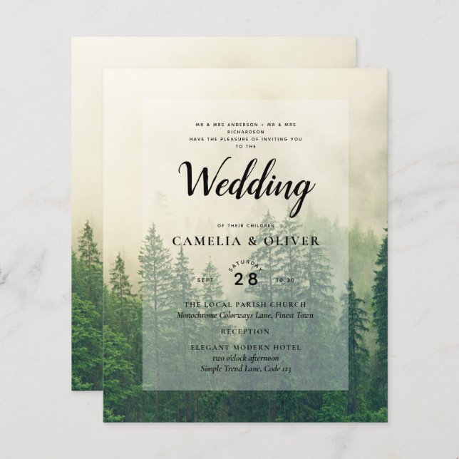 Papier BUDGET Green Forest Pine Trees Mariage INVITER (Devant / Derrière)