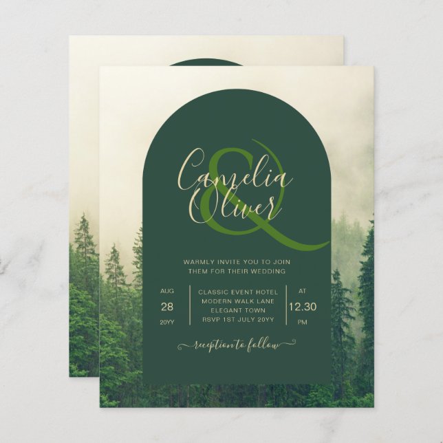 Papier BUDGET Green Forest Pine Trees Mariage INVITER (Devant / Derrière)