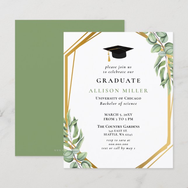 Papier Budget Green Gold Graduation Invitation (Devant / Derrière)