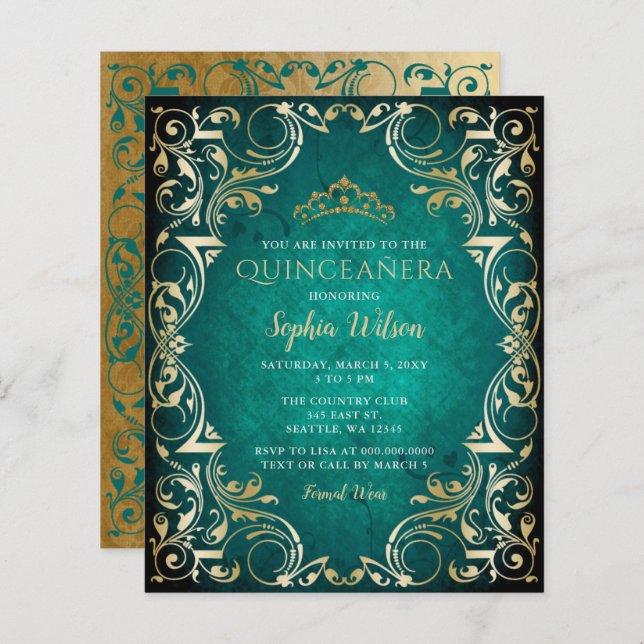 Papier Budget Green Gold Tiara Quinceañera Invitation (Devant / Derrière)