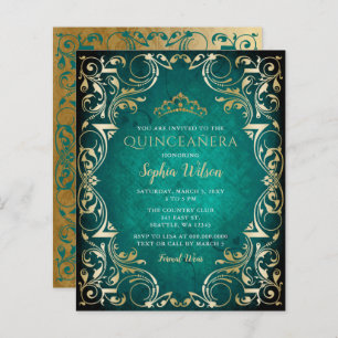 Papier Budget Green Gold Tiara Quinceañera Invitation