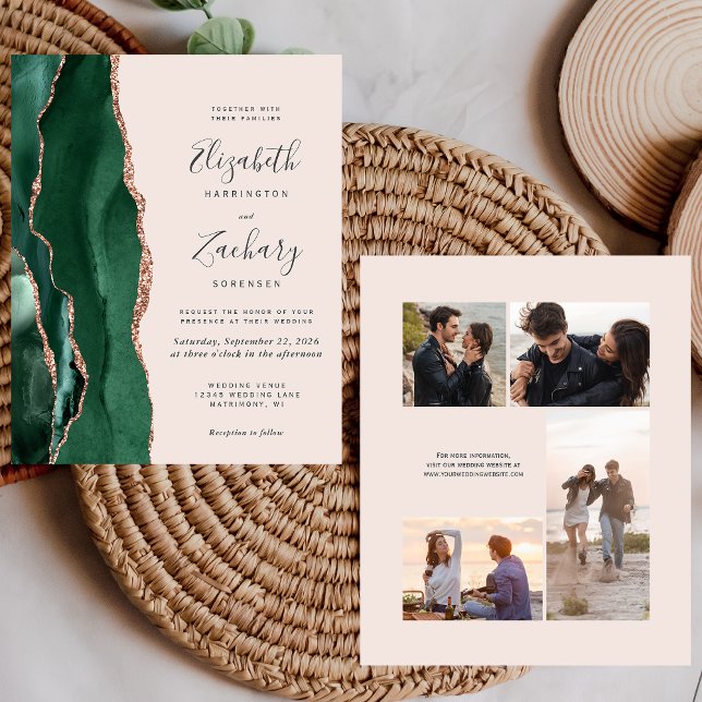 Papier Budget Green Rose Gold Blush Photo Wedding Invite (Créateur téléchargé)