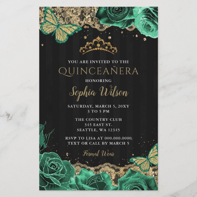 Papier Budget Green Roses Gold Quinceañera Invitation (Devant)