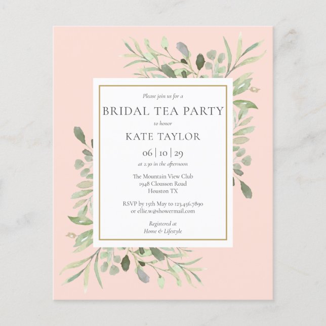 Papier Budget Greenery Blush rose Bridal Tea Party Invita (Devant)