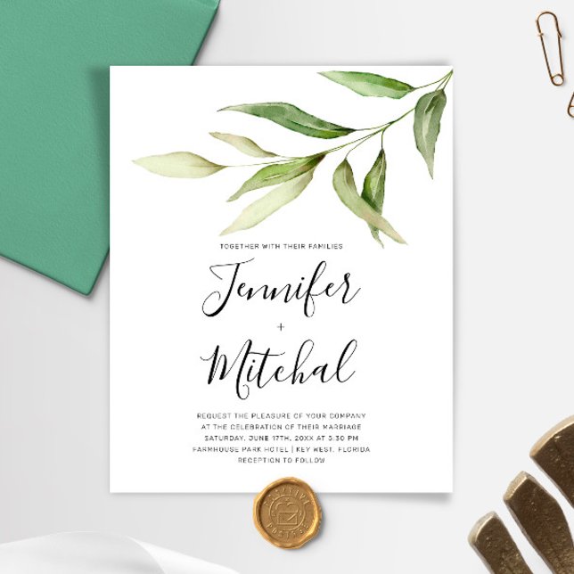 Papier BUDGET Greenery Floral Minimal Wedding Invitation (Créateur téléchargé)